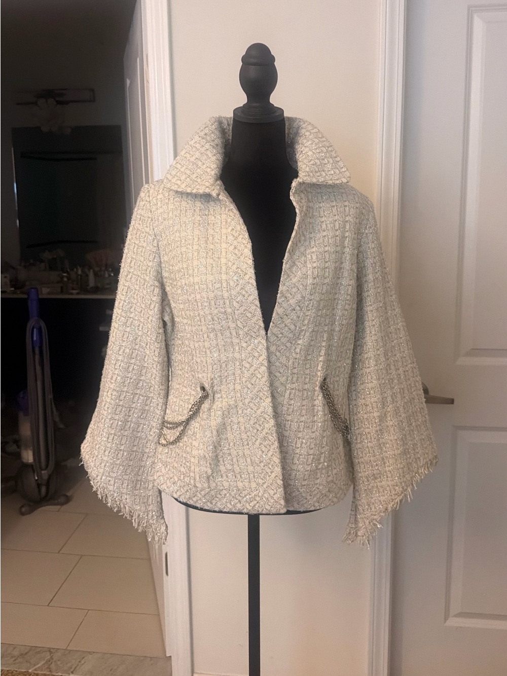 Textured metallic Ivory tweed Bouclé Open-Front Shrug with Chain-Pocket Detail